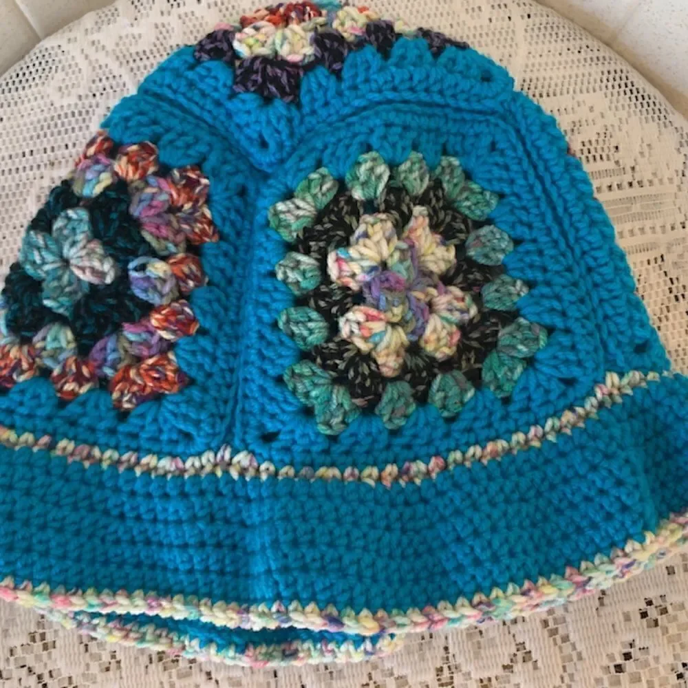 NEW! Hand Crocheted Hippie Style Granny Square Bucket Hat Retro Boho Trendy